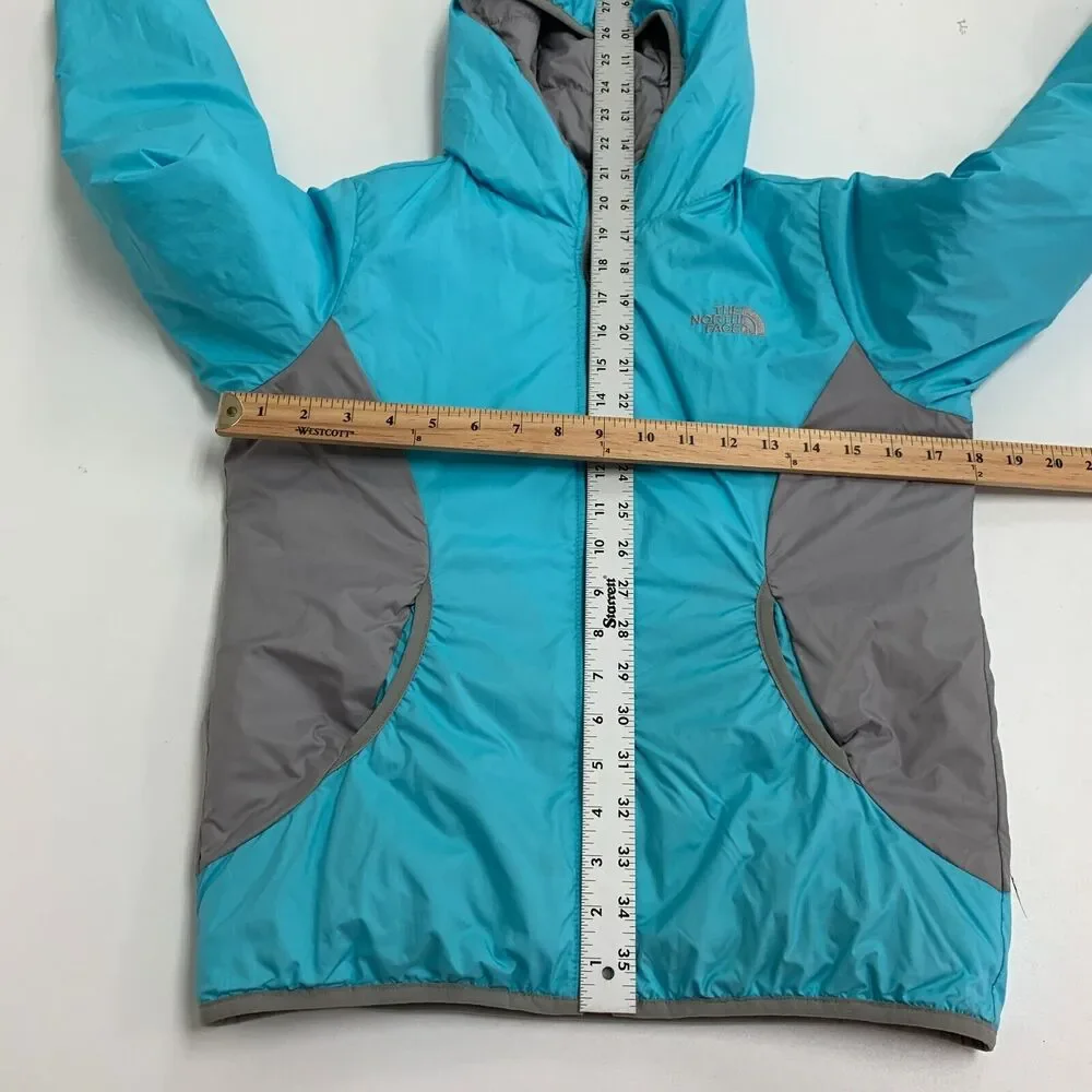 The North Face Reversible Jacket Girls Youth M Medium Aqua Grey Quilted Filled